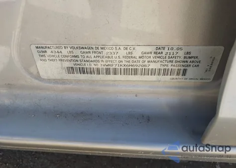 2006 Volkswagen Jetta 2.5 из США, поврежденный, VIN 3VWRF71KX6M692057